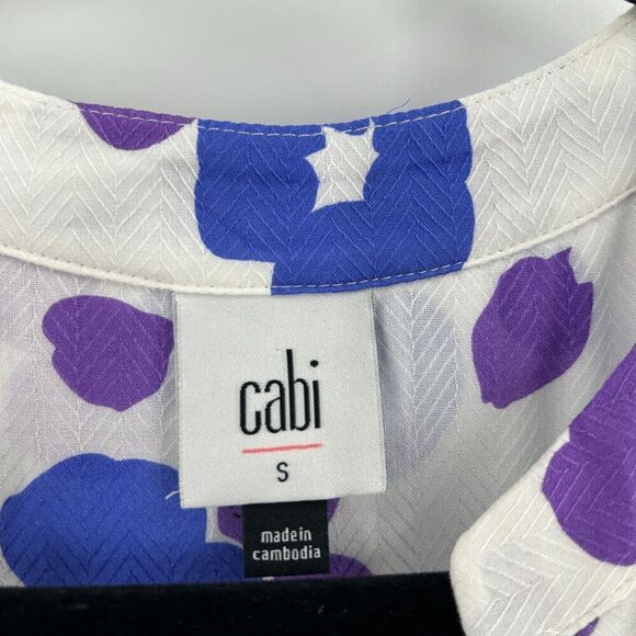 CABI White Purple Blue Semi Sheer Floral Print Flutter Sleeve Blouse Size Small - Picture 4 of 5
